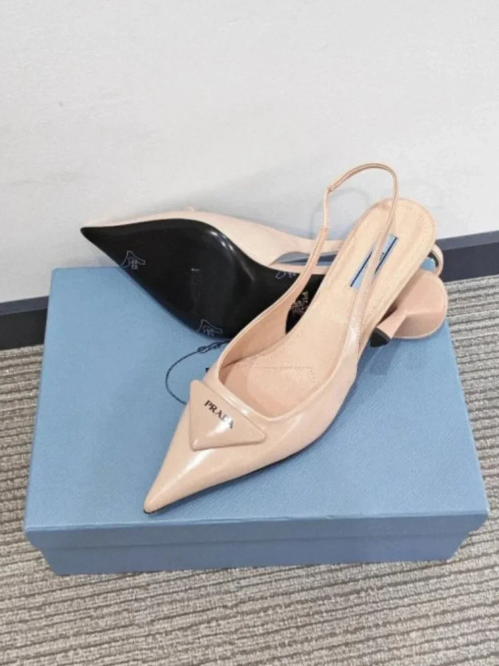 Prada Nude Patent Leather Triangle Logo Slingback Heels – With Original Box
